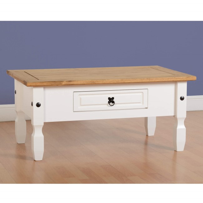 Coffee Table in White & Pine with 1 Drawer - Corona