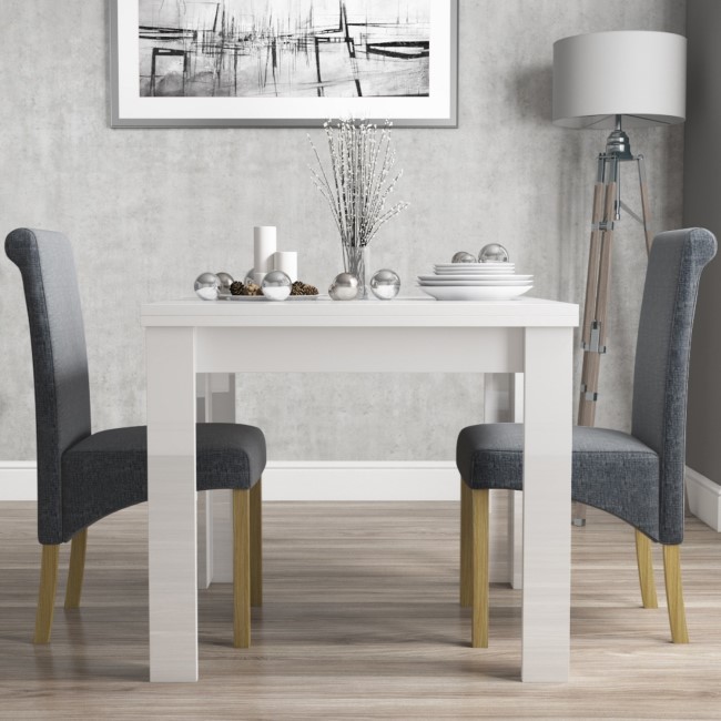 Vivienne Flip Top White High Gloss Dining Table + 2 Slate Fabric Roll Back Chairs