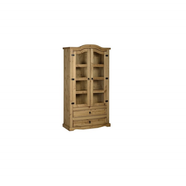 GRADE A1 - Seconique Corona 2 Door 2 Drawer Glass Display Unit - Distressed Waxed Pine/Clear Glass