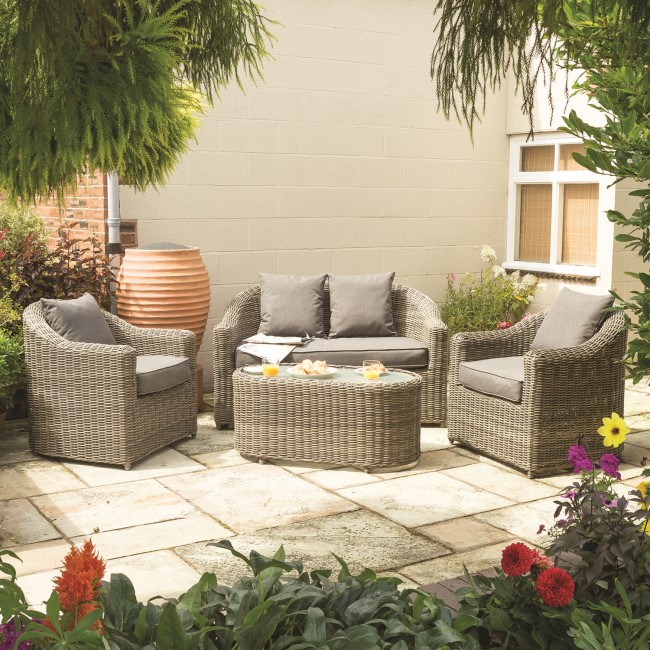 Rowlinson Bunbury Light Rattan Garden Sofa Set with Grey Cushions