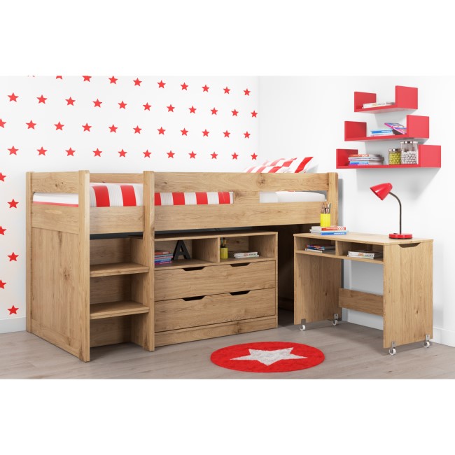 Cosmo Mid Sleeper Bed in Oak with Pull Out Desk