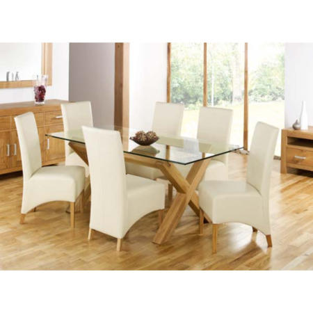 Bentley Designs Lyon Oak Rectangular Glass Dining Set with 6 Ivory Dining Chairs