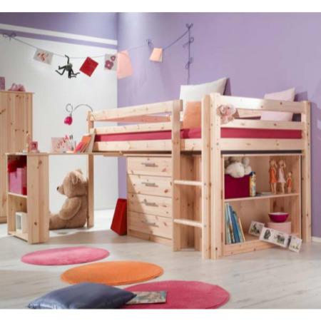 Thuka Minnie Solid Pine Natural Midsleeper Bed with Pull Out Desk Chest and Bookcase - without mattress