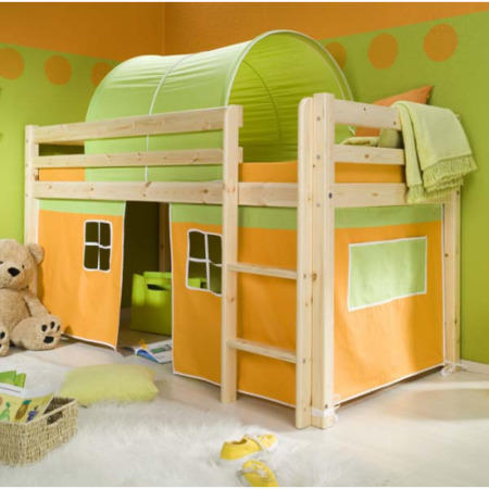 Thuka Minnie Solid Pine Natural Midsleeper Bed with Orange Tent and Green Tunnel - without mattress