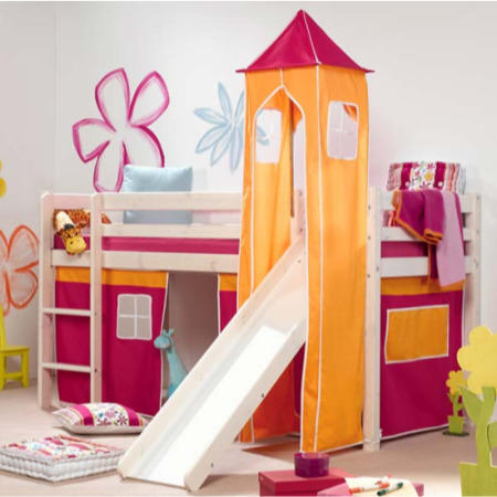 Thuka Minnie Solid Pine White Midsleeper Bed with Pink Tent Orange Tower and Slide - without mattress