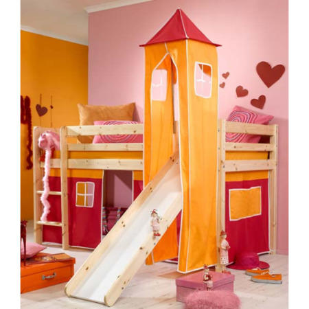 Thuka Minnie Solid Pine Natural Midsleeper Bed with Pink Tent Orange Tower and Slide - without mattress