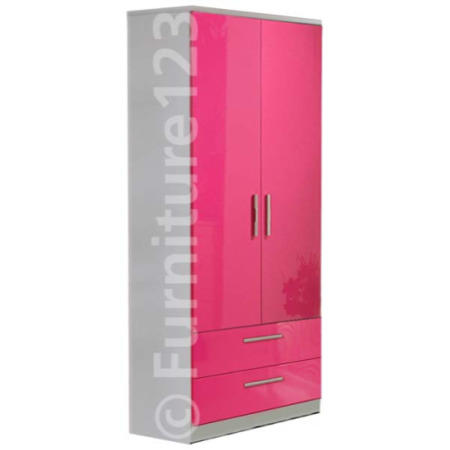Welcome Furniture Hatherley High Gloss 2 Drawer 2 Door Wardrobe in White and Pink