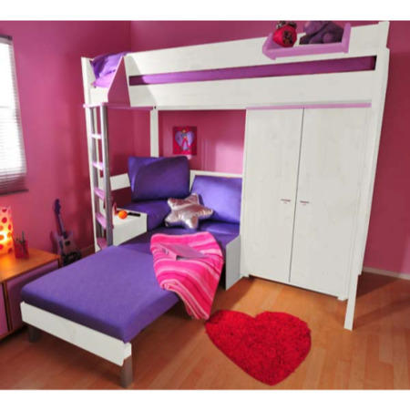 Stompa Combo Kids White Highsleeper Bed in Lilac with Pink Sofa Bed and Wardrobe 