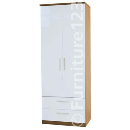 Welcome Furniture Hatherley High Gloss 2 Drawer 2 Door Wardrobe in Oak and White