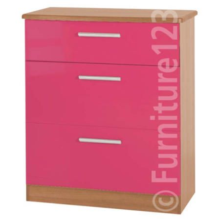 Welcome Furniture Hatherley High Gloss 3 Drawer Chest in Oak and Pink