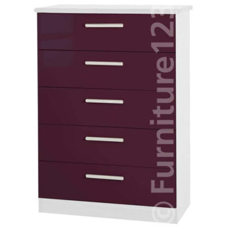Welcome Furniture Hatherley High Gloss 5 Drawer Chest in White and Purple