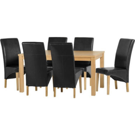 Seconique Belgravia Dining Set - Natural Oak Dining Table & 6 Black Faux Leather Dining Chairs