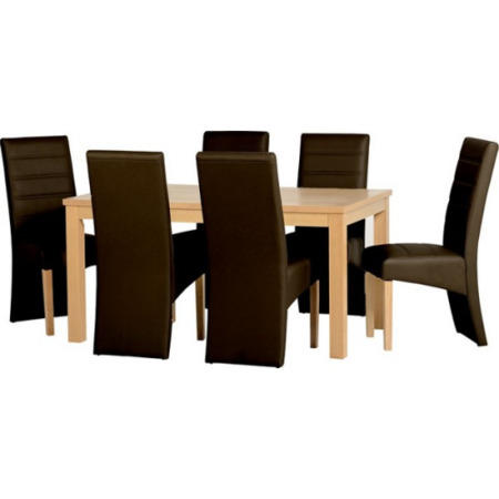 Seconique Belmont Dining Set - Natural Oak Table & 6 Brown G5 Faux Leather Chairs