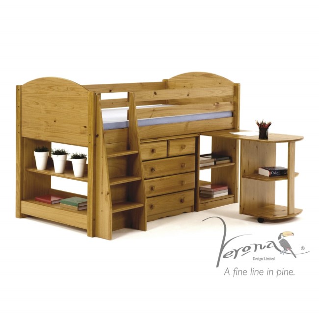 Verona Design Verona Mid-Sleeper Bedroom Set with Pull Out Desk in Antique Pine