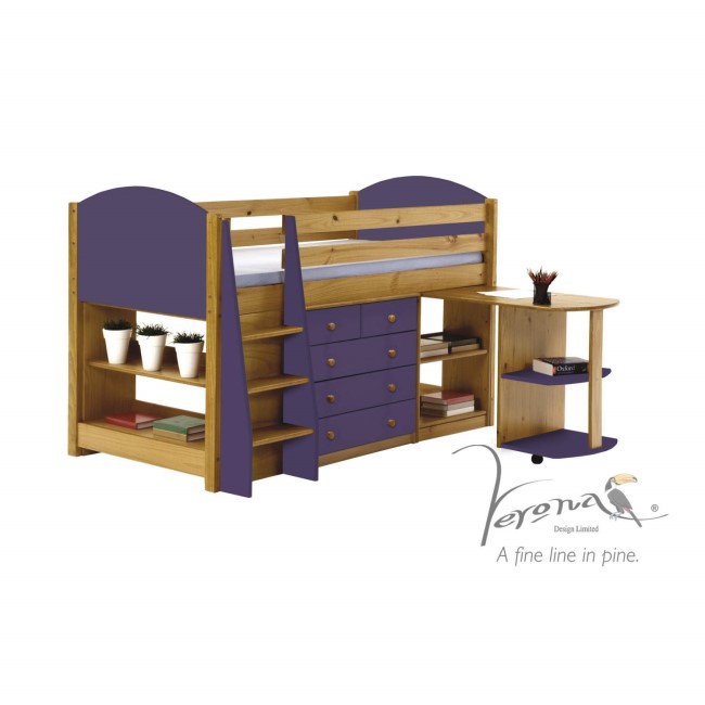 Verona Design Verona Mid-Sleeper Bedroom Set with Pull Out Desk in Antique Pine and Lilac