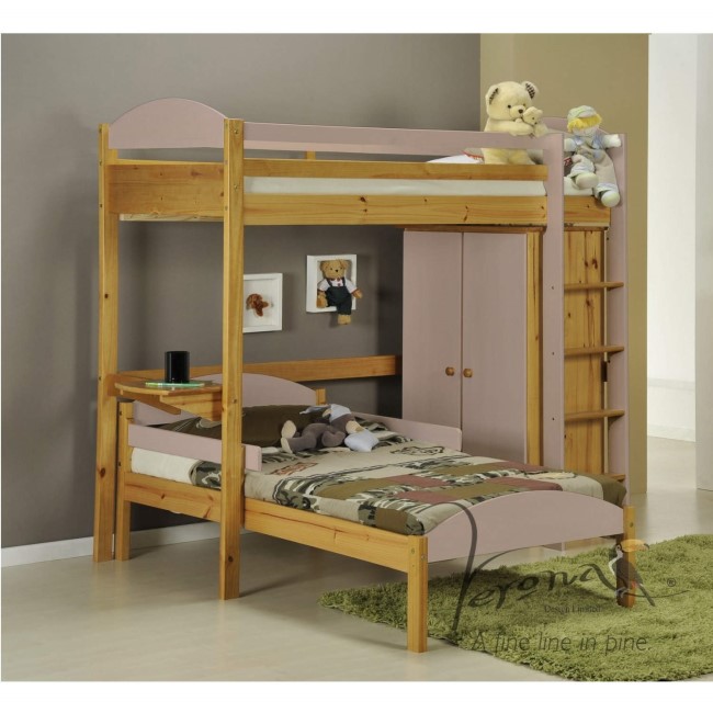 Verona Design Maximus L Shape High-Sleeper Bedroom Set in Antique Pine and Pink