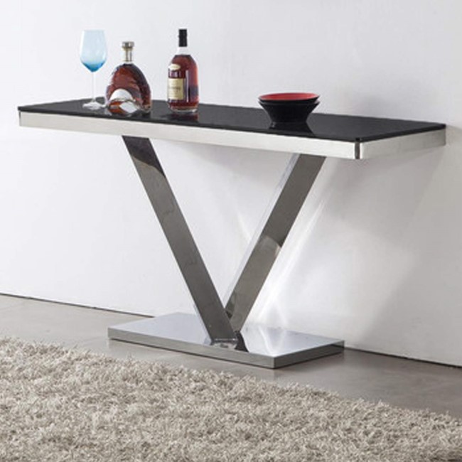 Wilkinson Furniture Harper Stainless Steel Console Table with Black Glass Top
