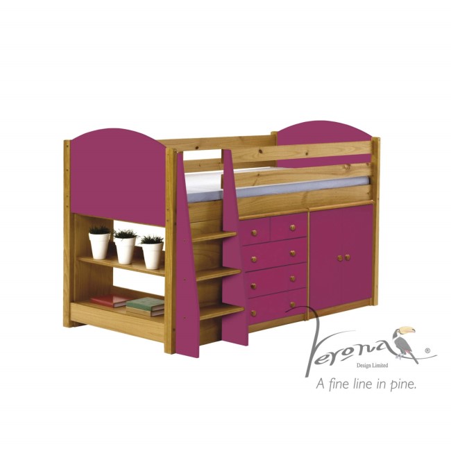 Verona Design Ltd Midsleeper Bed in Antique Pine and Fuchsia