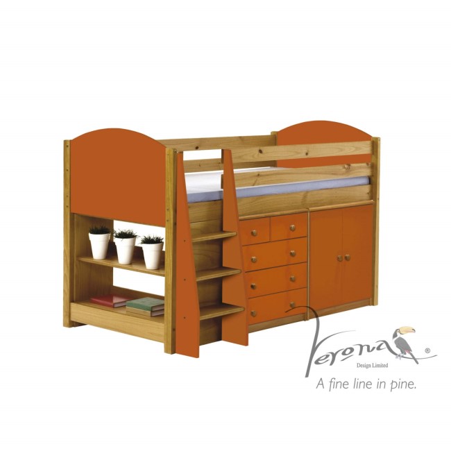 Verona Design Ltd Mid Sleeper Bed in Antique Pine and Orange