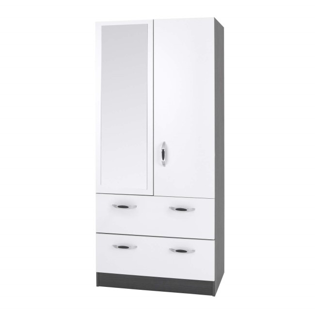 One Call Furniture Piano 2 Door Combi Mirror Wardrobe in Matt Black with White Gloss