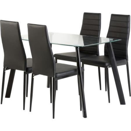 GRADE A1 - Seconique Abbey Dining Set - Glass Dining Table & 4 Black Faux Leather Dining Chairs