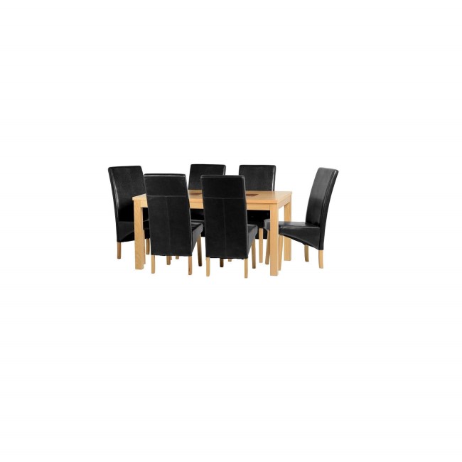 Seconique Wexford Dining Set- Oak Dining Table & 6 Black Faux Leather Dining Chairs