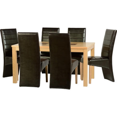 Seconique Wexford Oak Dining Set + 6 Brown Faux Leather Dining Chairs