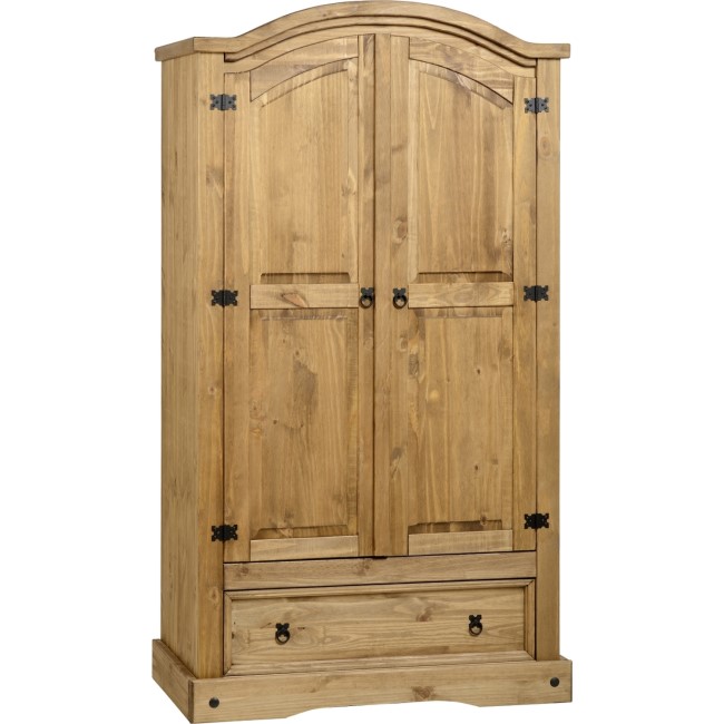 Solid Pine 2 Door Double Wardrobe with Drawer - Corona - Seconique