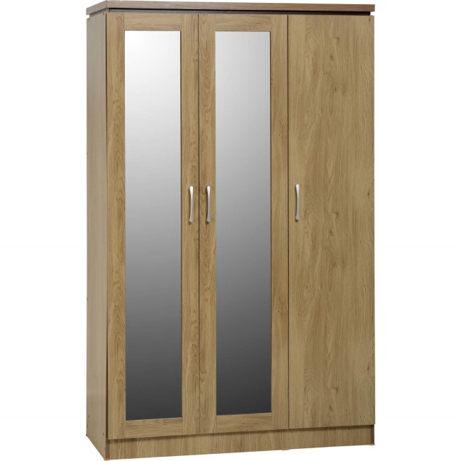 Oak Finish 3 Door Triple Mirrored Wardrobe - Charles - Seconique