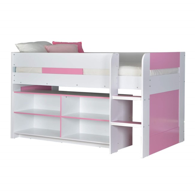 YoYo Girls Mid Sleeper Bed in White & Pink with Shelving Unit