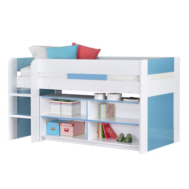YoYo Boys Mid Sleeper Bed in Blue & White with Shelving Unit