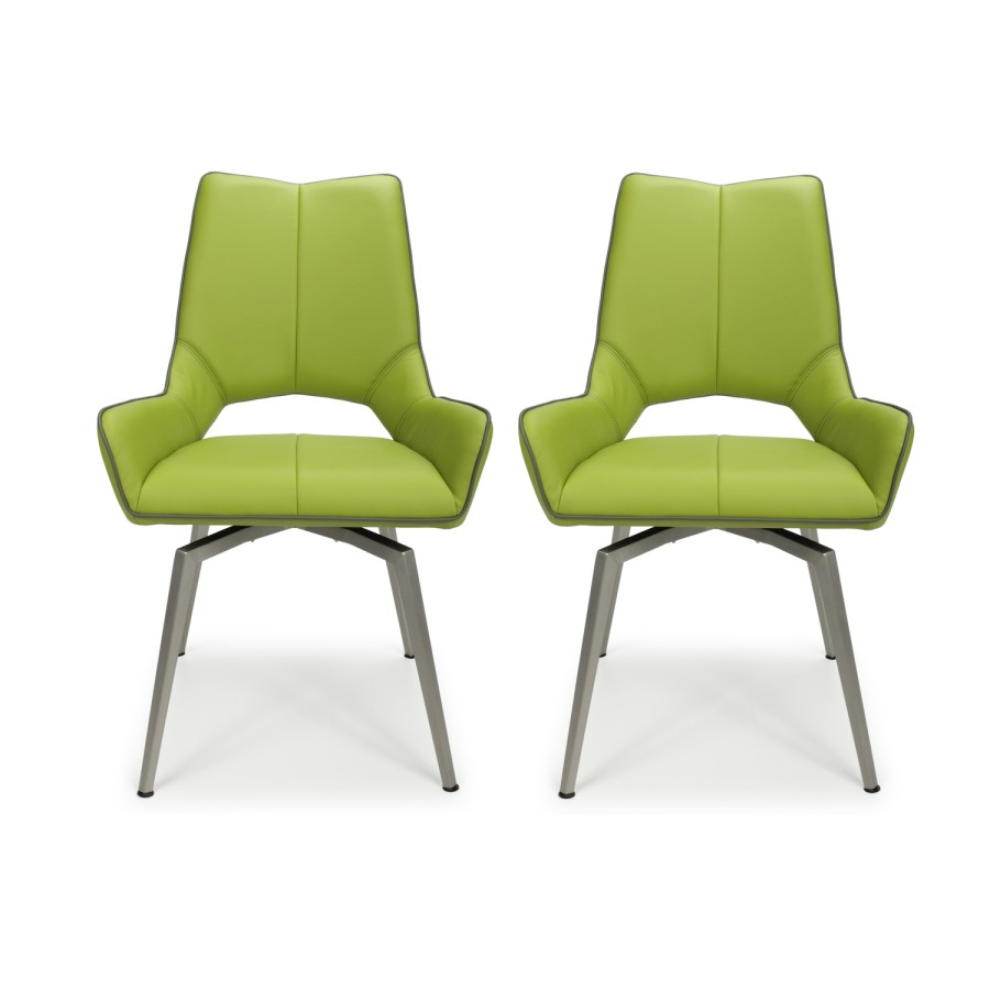 GRADE A1 - Vintage Carseat Pair of Dining Chairs in Lime Faux Leather