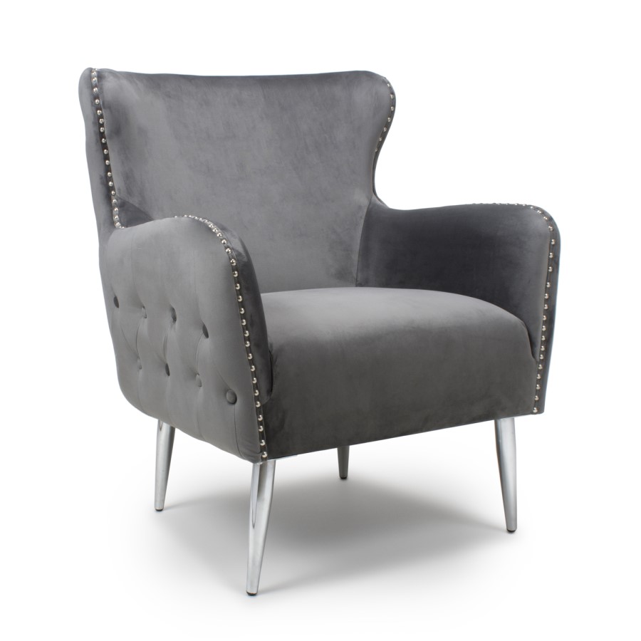 Grey Velvet Armchair with Chrome Legs - Marquess