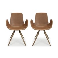 Antique Tan Faux Leather Pair of Dining Chairs