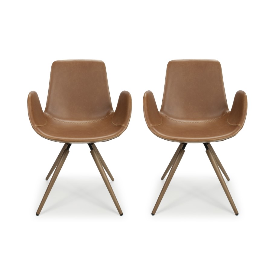 Antique Tan Faux Leather Pair of Dining Chairs