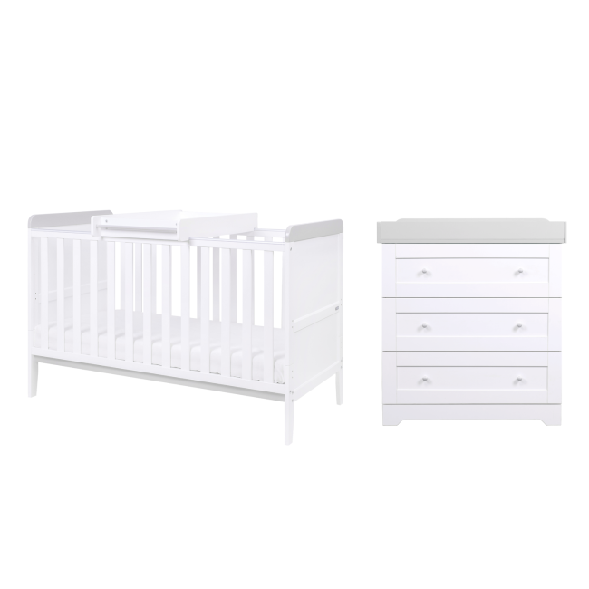 2 Piece Nursery Furniture Set with Cot Bed and Changing Table in White and Grey - Rio - Tutti Bambini