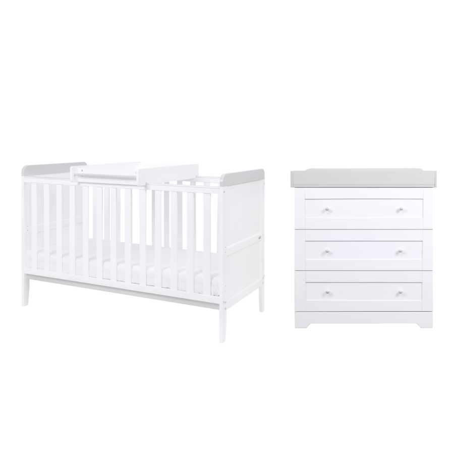 2 Piece Nursery Furniture Set with Cot Bed and Changing Table in White and Grey - Rio - Tutti Bambini