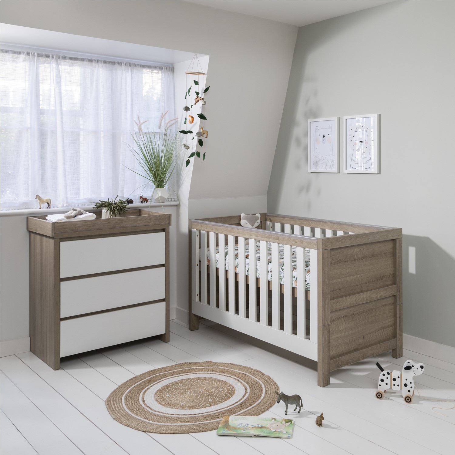 Photo of 2 piece nursery furniture set with cot bed and changing table in white and oak - modena - tutti bambini