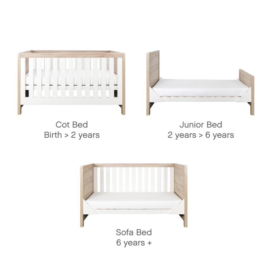 2 Piece Nursery Furniture Set with Cot Bed and Changing Table in White and Oak - Modena - Tutti Bambini