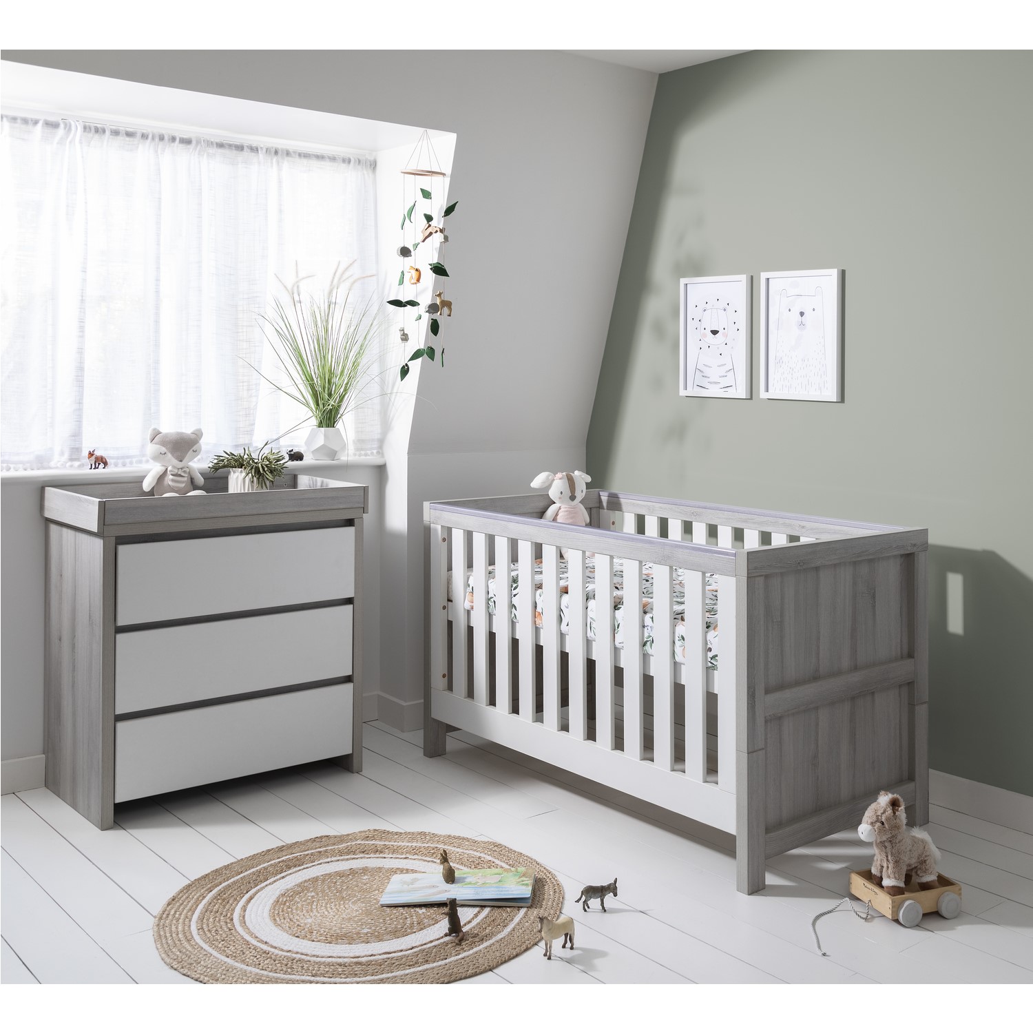 Photo of 2 piece nursery furniture set with cot bed and changing table in white and grey - modena - tutti bambini