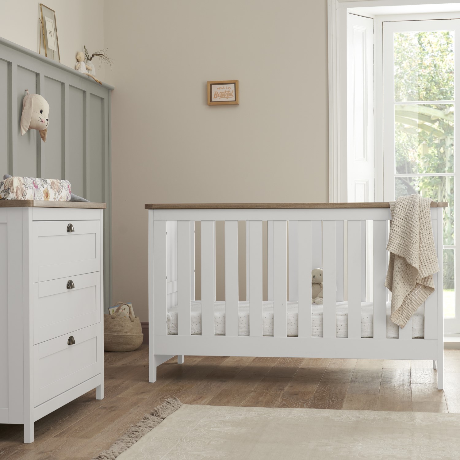 Photo of 2 piece nursery furniture set with cot bed and changing table in white and oak - verona - tutti bambini
