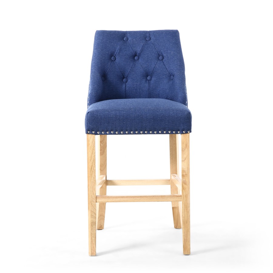 Blue Fabric Button Back Bar Stool with Stud Detail