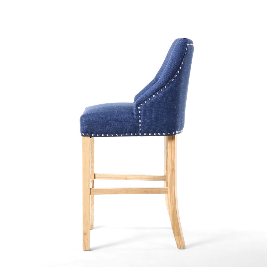 Blue Fabric Button Back Bar Stool with Stud Detail