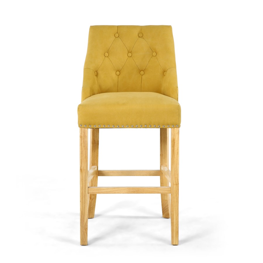 Yellow Fabric Button Back Bar Stool with Stud Detail