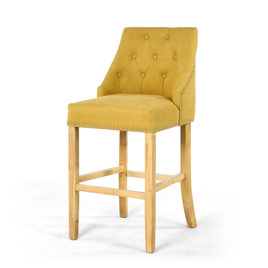 Yellow Fabric Button Back Bar Stool with Stud Detail
