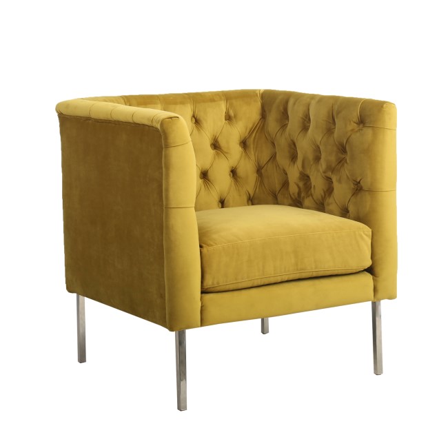 Square Yellow Velvet Armchair with Button Back Detail