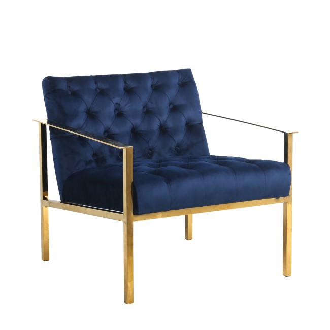 GRADE A2 - Blue Armchair with Square Back Button Finish & Gold Frame 