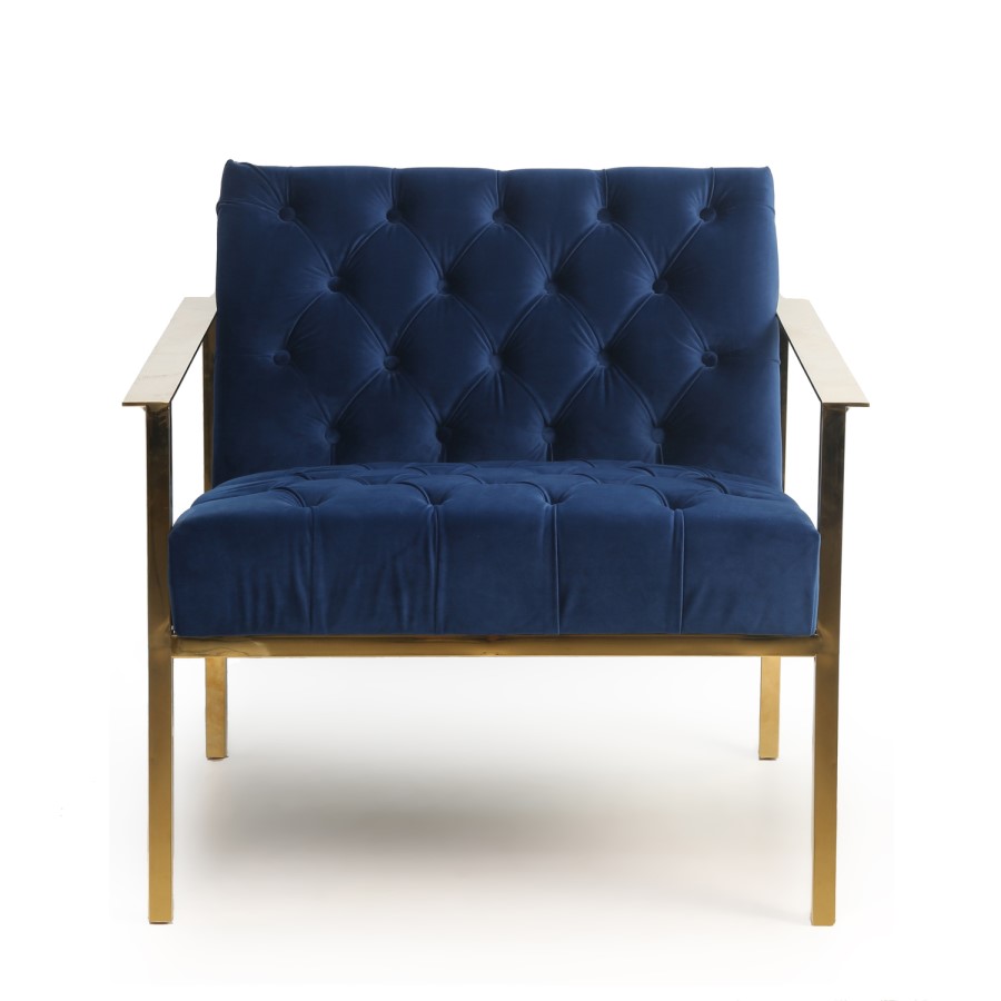 GRADE A2 - Blue Armchair with Square Back Button Finish & Gold Frame 