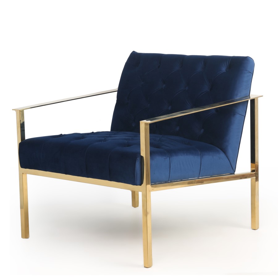 GRADE A2 - Blue Armchair with Square Back Button Finish & Gold Frame 