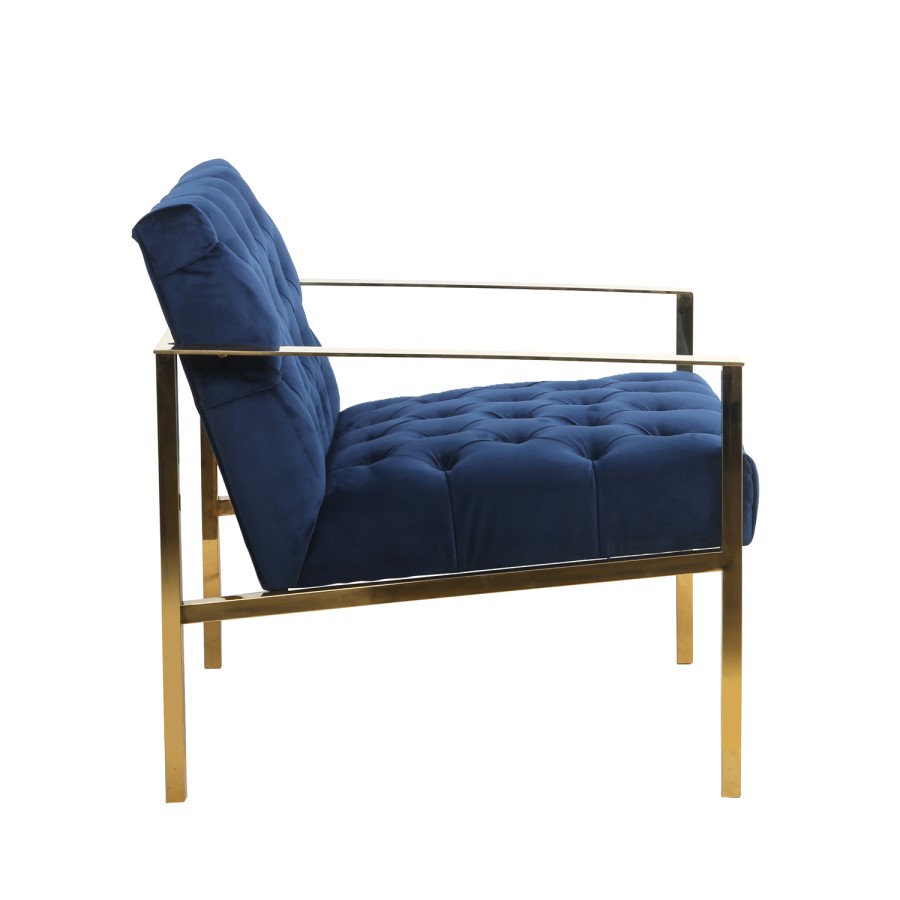 GRADE A2 - Blue Armchair with Square Back Button Finish & Gold Frame 